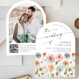 Pastel Rosa Boho Wildblommor Bröllop QR-kod Foto Inbjudningar