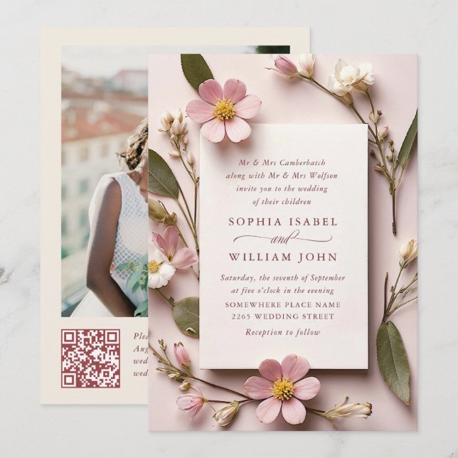 Pastel Rosa Boho Wildblommor Bröllop QR-kod Foto Inbjudningar (Fram/baksida)