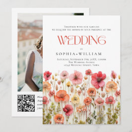 Pastel Rosa Boho Wildblommor Bröllop QR-kod Foto Inbjudningar