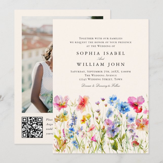 Pastel Rosa Boho Wildblommor Bröllop QR-kod Foto Inbjudningar (Fram/baksida)