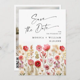 Pastel Rosa Boho Wildblommor Bröllop QR-kod Foto Spara Datumet