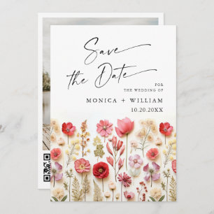 Pastel Rosa Boho Wildblommor Bröllop QR-kod Foto Spara Datumet