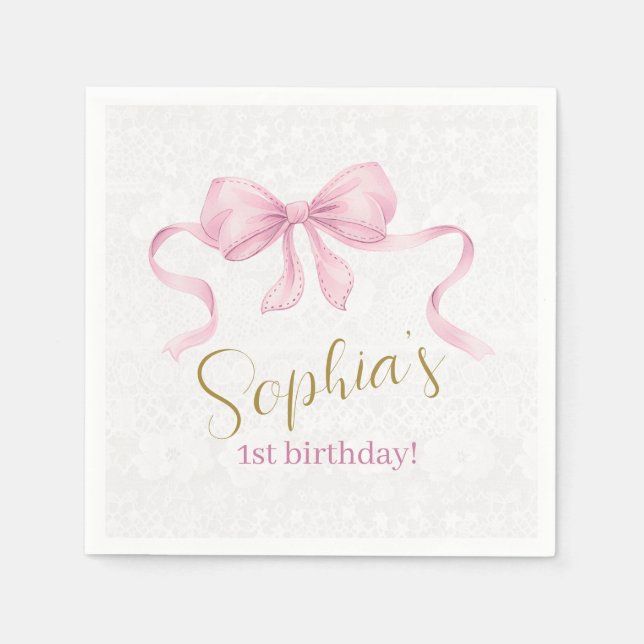 Pastel Rosa Bow & Elegant Guld Script Birthday Pappersservett (Framsidan)