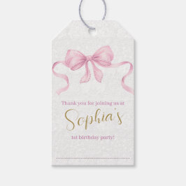 Pastel Rosa Bow & Elegant Guld Script Birthday Presentetikett