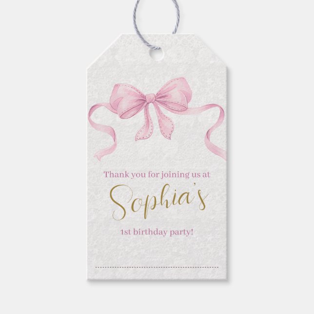 Pastel Rosa Bow & Elegant Guld Script Birthday Presentetikett (Framsidan)