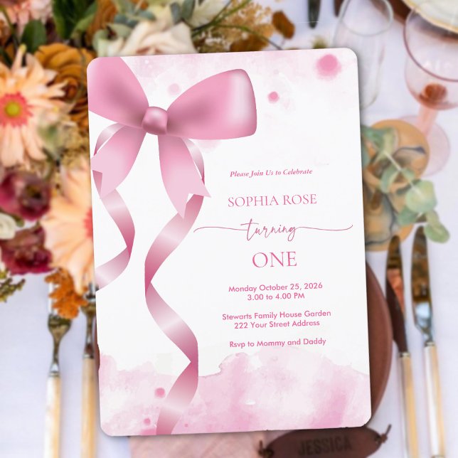 Pastel Rosa Bow Flicka 1:a födelsedag Aestesiskt Inbjudningar (Pastel Pink Bow Baby Girl 1st Birthday Aesthetic Invitation)