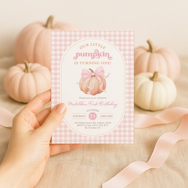 Pastel Rosa Bow Pumpkin Fall 1:a födelsedagen Part Inbjudningar (Skapare uppladdad)