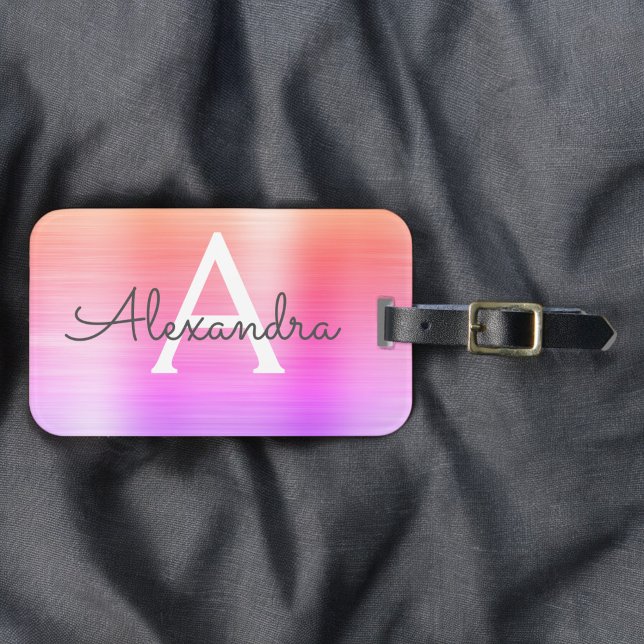 Pastel Rosa Brushed Metall Monogram Namn Initial Bagagebricka (Skapare uppladdad)
