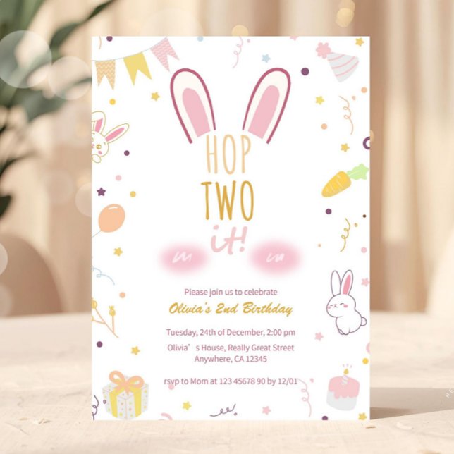 Pastel Rosa Bunny 2:a födelsedagen Skutt 2 IT Inbj Inbjudningar (Hop Two It Editable Second Birthday Invitation Template, Girls 2nd Birthday Party, Pink Bunny Pastel)