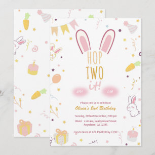 Pastel Rosa Bunny 2:a födelsedagen Skutt 2 IT Inbj Inbjudningar