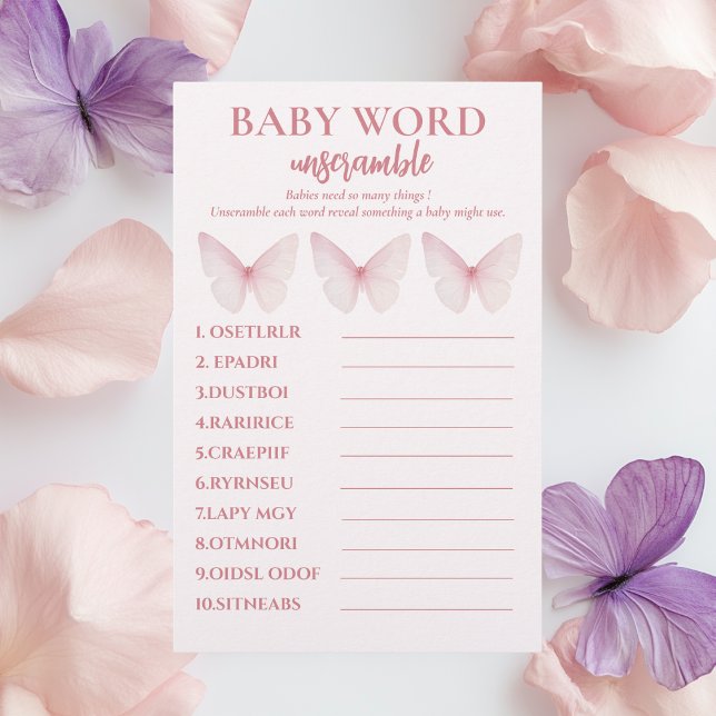"Pastel Rosa Butterfly Baby Shower Ord Unscramble Flygblad (Skapare uppladdad)