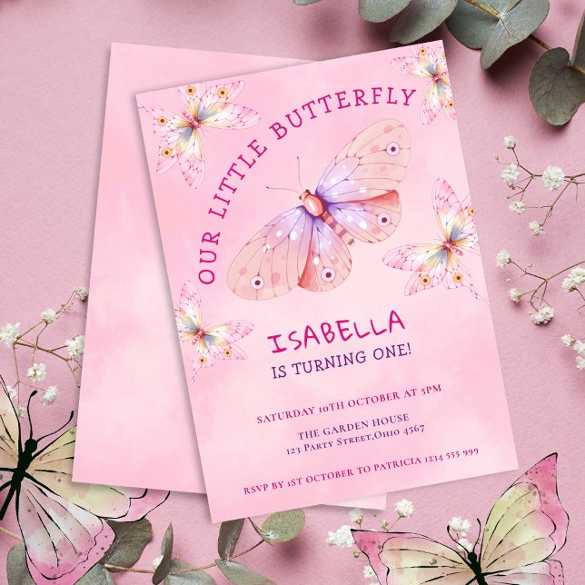Pastel Rosa Butterfly Theme Girl's 1st Birthday Inbjudningar (Pastel Pink Butterfly Theme Girl's 1st Birthday Invitation
)