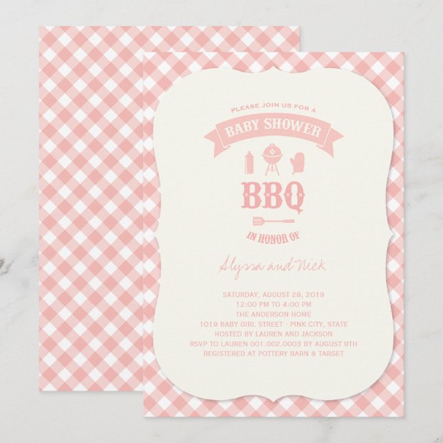 Pastel Rosa Checkes BBQ Chic Girl Baby Shower Part Inbjudningar (Fram/baksida)