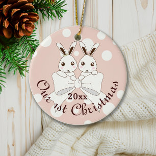Pastel Rosa Cute Bunny Twin Girl Jul Julgransprydnad Keramik