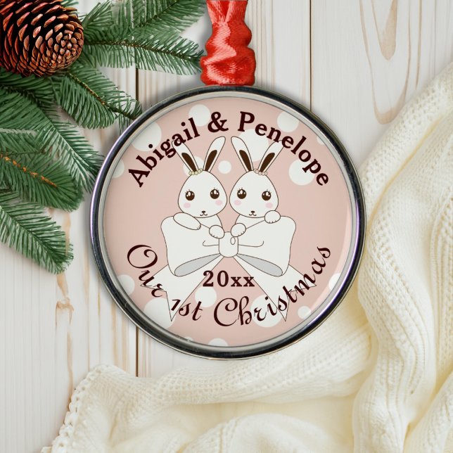 Pastel Rosa Cute Bunny Twin Girl Kids jul jul Julgransprydnad Metall (Skapare uppladdad)