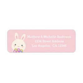 Pastel Rosa Cute Kawaii Bunny Rabbit med blommor Returadress Etikett