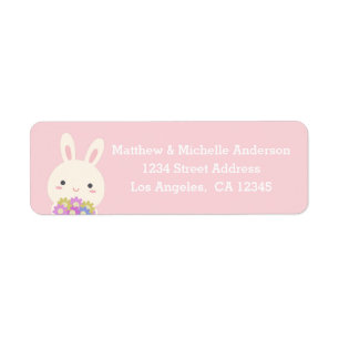Pastel Rosa Cute Kawaii Bunny Rabbit med blommor Returadress Etikett