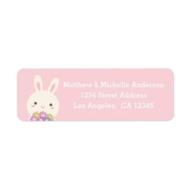 Pastel Rosa Cute Kawaii Bunny Rabbit med blommor Returadress Etikett (Framsidan)