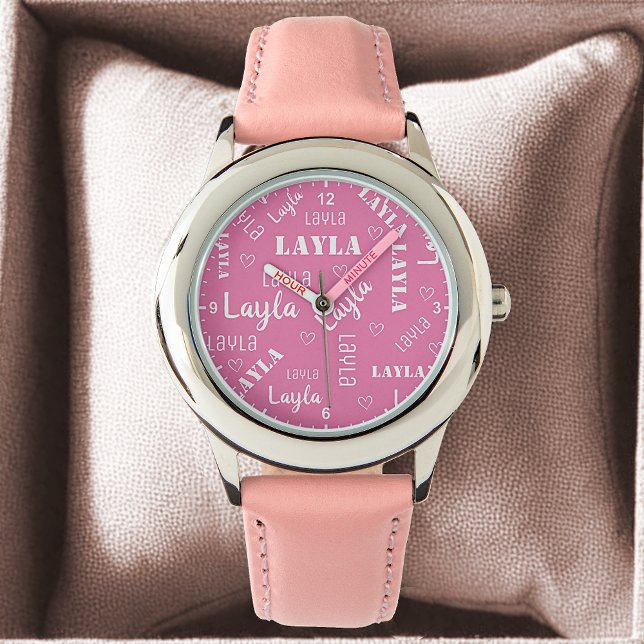 Pastel Rosa Cute Ord Art Personlig Namn Girls Armbandsur (Skapare uppladdad)