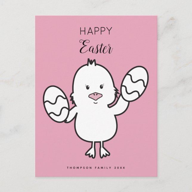 Pastel Rosa Cute Påsk Chick & Eggs Illustration Helg Vykort (Framsida)