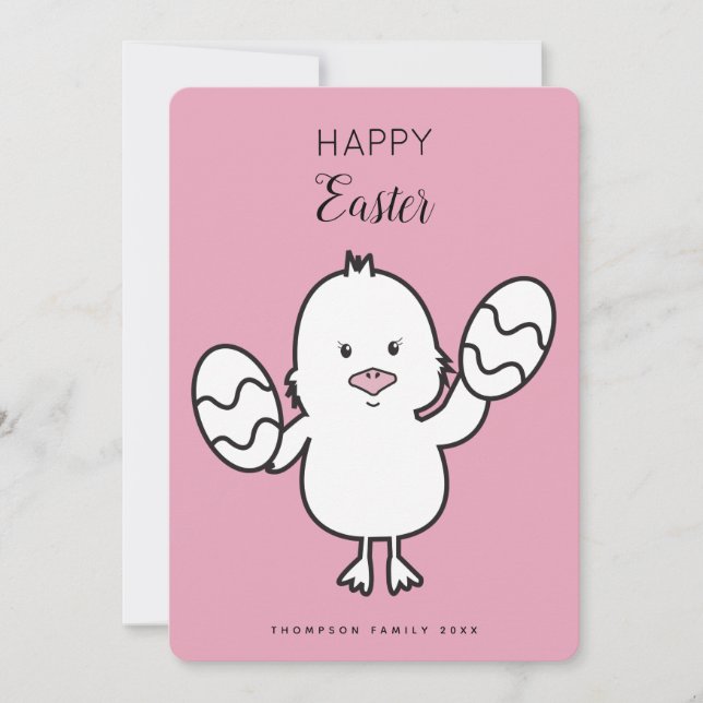 Pastel Rosa Cute Påsk Chick & Eggs Illustration Julkort (Framsida)