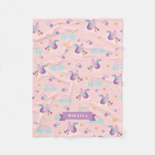 Pastel Rosa | Cute Rainbow Unicorn Mönster Fleecefilt (Framsidan)