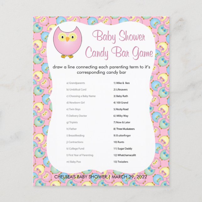 Pastel Rosa Cute Uggla Baby Shower Themme | Spel Flygblad (Framsidan)
