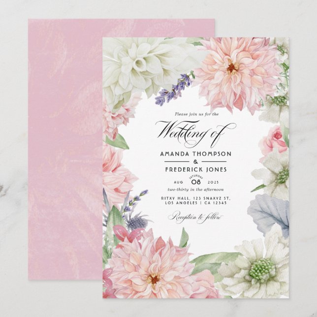 Pastel  Rosa Dahlia-bröllopsinbjudan Inbjudningar (Fram/baksida)