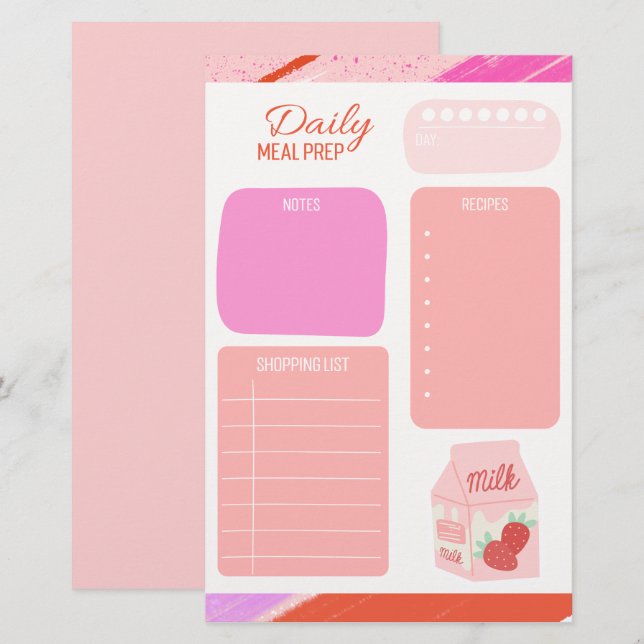 Pastel Rosa Daily Meal Planner Shopping List Brevpapper (Fram/baksida)