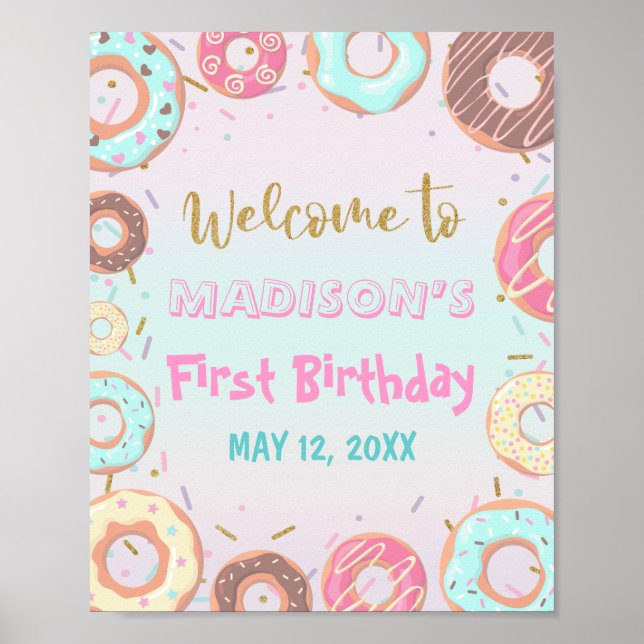 Pastel Rosa Donut Birthday Groed Up Party Welcome Poster (Framsidan)