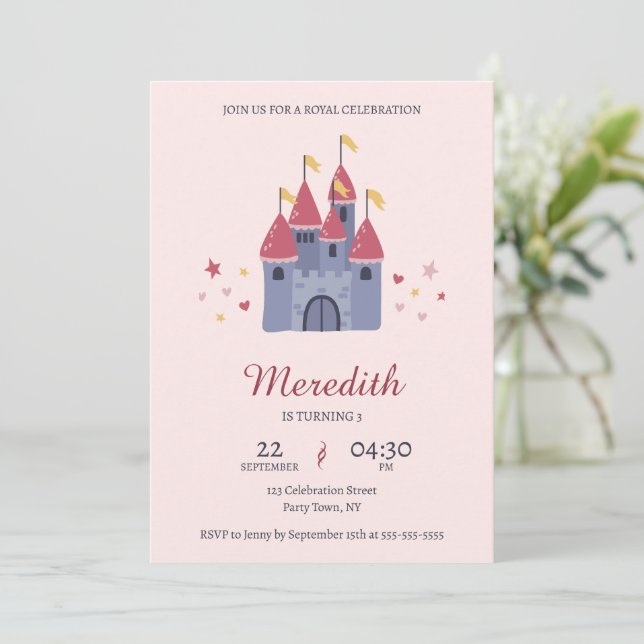 Pastel Rosa Enchanted Castle Hearts & Stars Party Inbjudningar (Stående Fram)