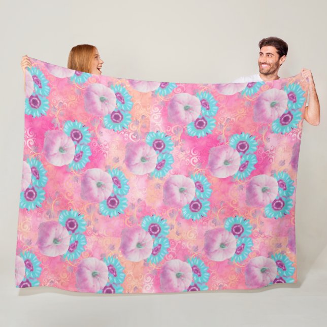 PASTEL ROSA FALL PUMPKINS & AQUA SUNFLOWERS FLEECEFILT (På plats)