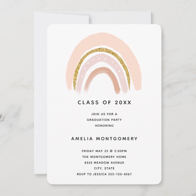 Pastel Rosa & Faux Glitter Boho Rainbow Studenten Inbjudningar (Framsida)