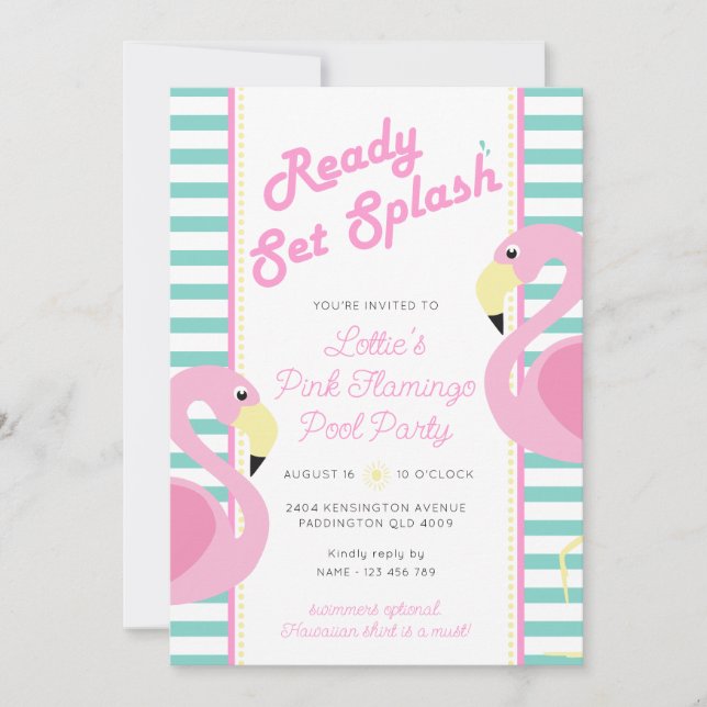 Pastel Rosa Flamingo Bassäng Party födelsedagen Inbjudningar (Framsida)
