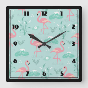 Pastel Rosa Flamingos Grönt Mönster Fyrkantig Klocka