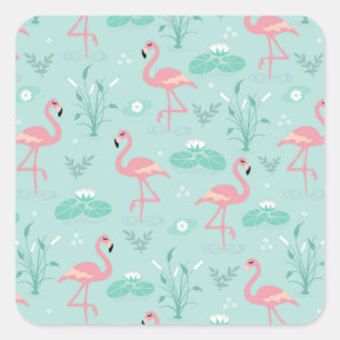 Pastel Rosa Flamingos Grönt Mönster Fyrkantigt Klistermärke