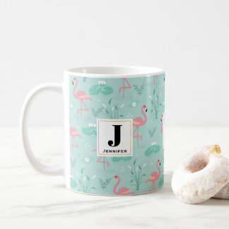 Pastel Rosa Flamingos Grönt Mönster Monogram Kaffemugg