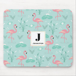 Pastel Rosa Flamingos Grönt Mönster Monogram Musmatta