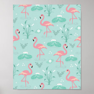 Pastel Rosa Flamingos Grönt Mönster Poster