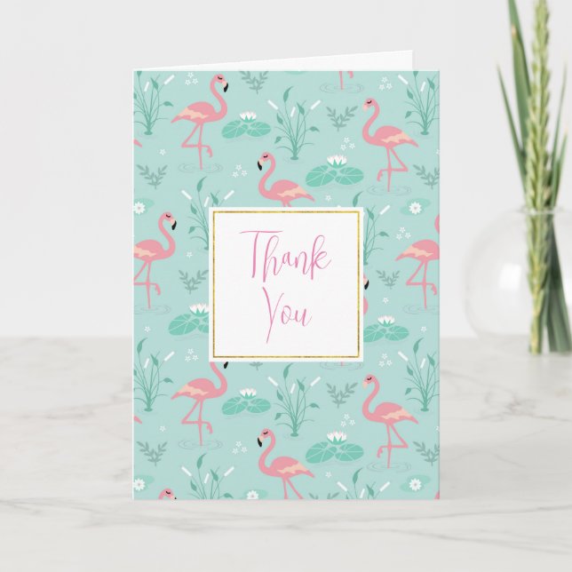 Pastel Rosa Flamingos Grönt Mönster Tack Kort (Framsida)
