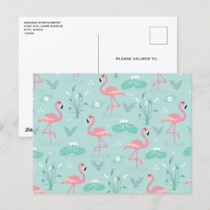 Pastel Rosa Flamingos Grönt Mönster Vykort