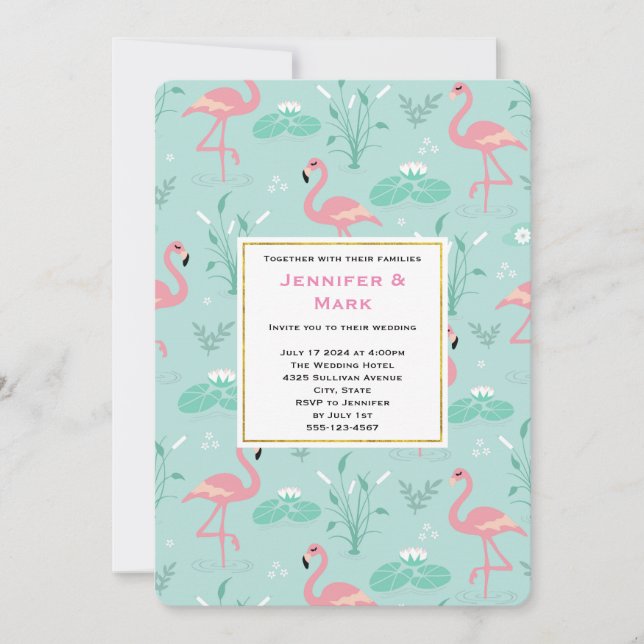 Pastel Rosa Flamingos på Grönt Mönster Bröllop Inbjudningar (Framsida)
