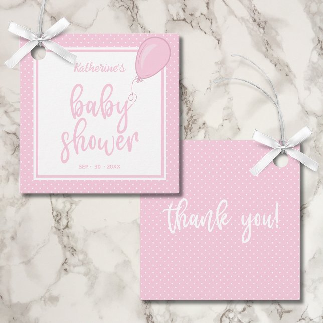 Pastel Rosa Flicka Polka-punkt för babyskor Gåvor Etiketter (Pink Polka Dot Baby Shower Thank You Tag for Baby Girls with Mother's Name, Shower Date.)