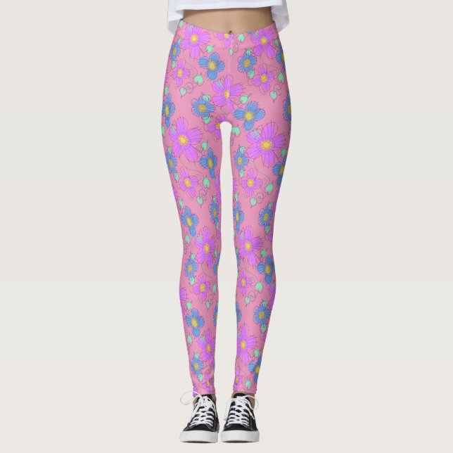 Pastel Rosa Flower Doodle Dot Print leggings (Framsida)