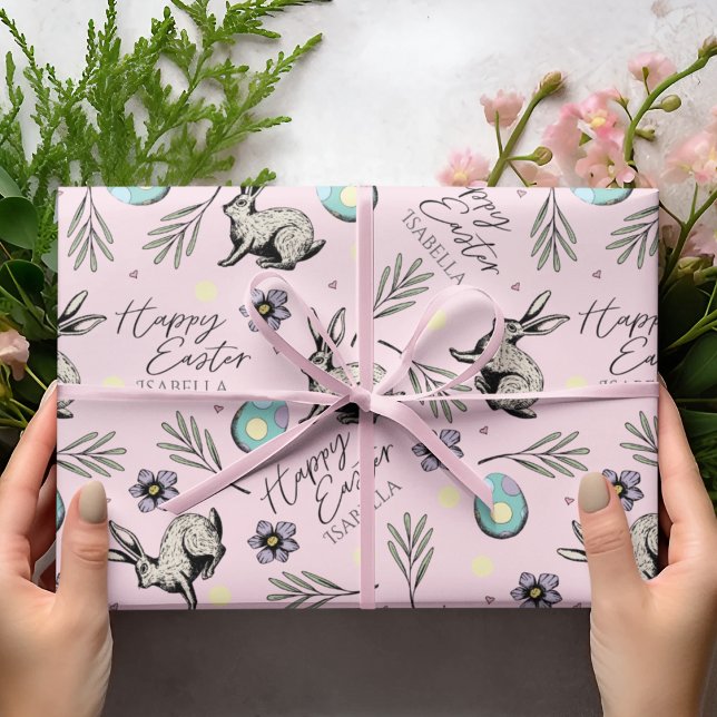 Pastel Rosa Glad påsk Bunnies Presentpapper (Colorul Pink Happy Easter Wrapping Paper for Kids with Custom Name, Easter Bunnies, Eggs, Flowers...)