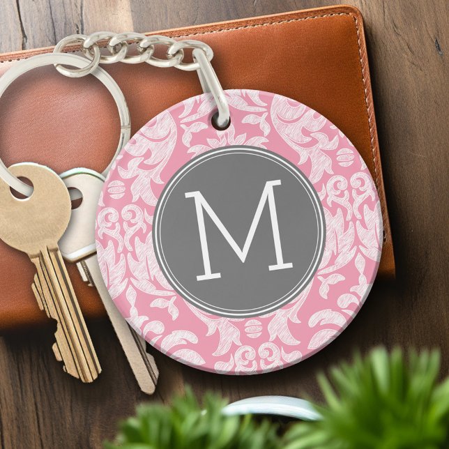 Pastel Rosa & Grått Damask Pattern Anpassningsbar  (Personalized Keychain - pink and gray with monogram)