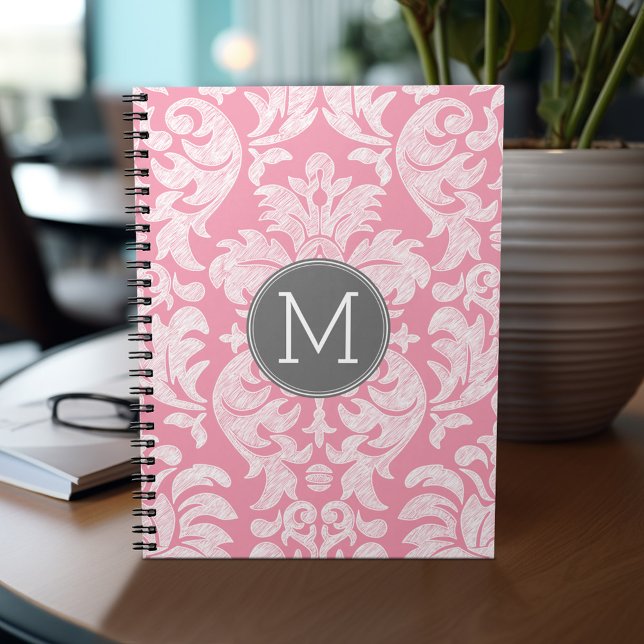 Pastel Rosa & Grått Damask Pattern Anpassningsbar  Anteckningsbok Med Spiral (Personalized notebook - add monogram and custom text)