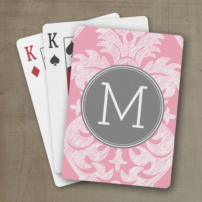 Pastel Rosa & Grått Damask Pattern Anpassningsbar  Kortlek (Personalized playing cards with an area for text such as a name or monogram)