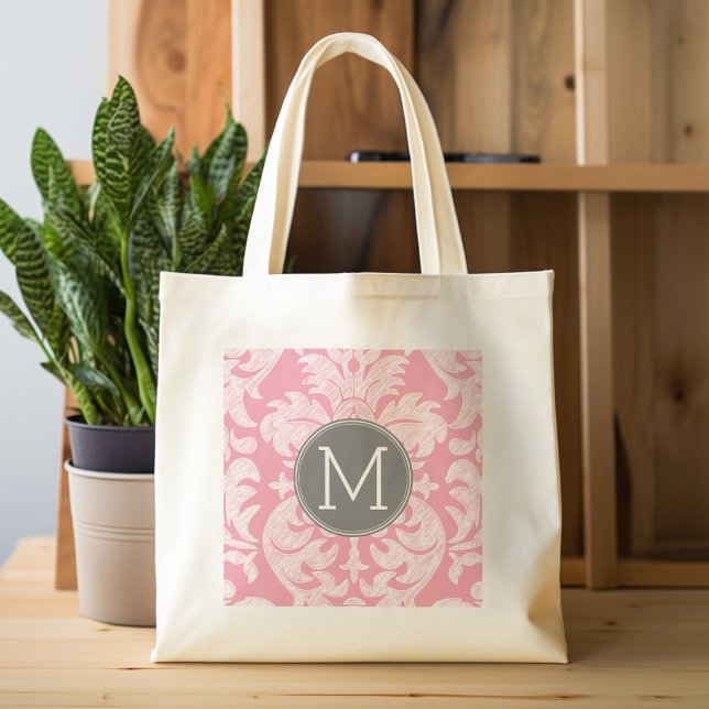 Pastel Rosa & Grått Damask Pattern Anpassningsbar  Tygkasse (Personalized tote bag - pattern and monogram)