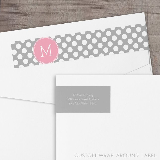 Pastel Rosa & Grått Polka dots med Anpassningsbar  Etikettband (Custom Return Address Label with Wrap Around Feature)